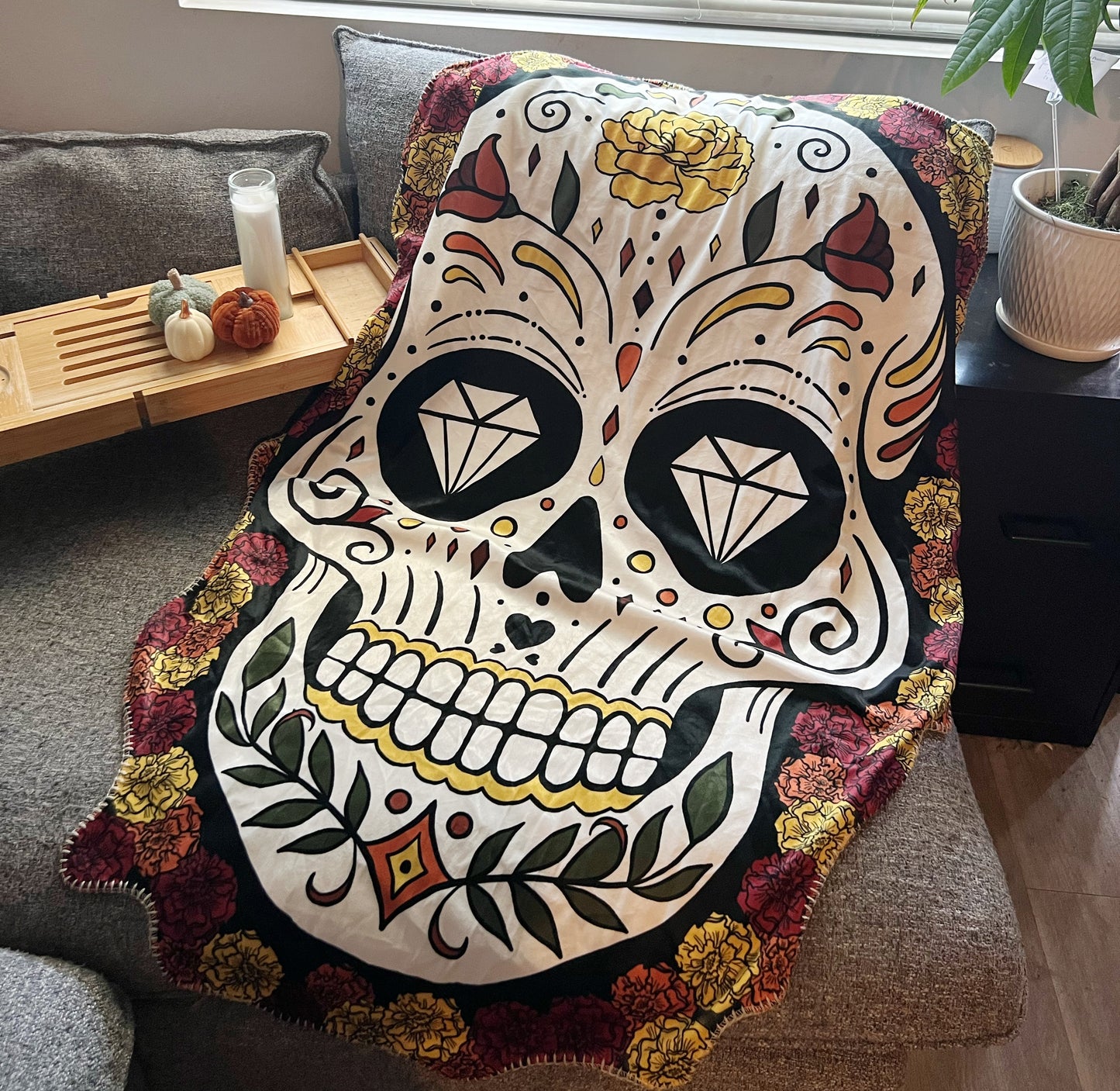 Freeform Blanket (Sugar skull in a bed of Marigolds)